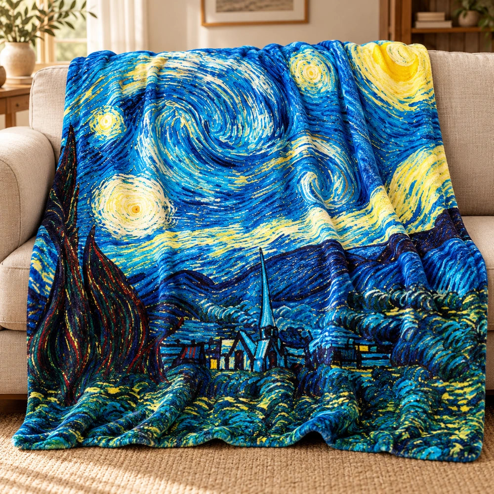Plaid SILK CAPOLAVORI Notte Stellata — Disegno 8 morbidamente adagiato sul divano