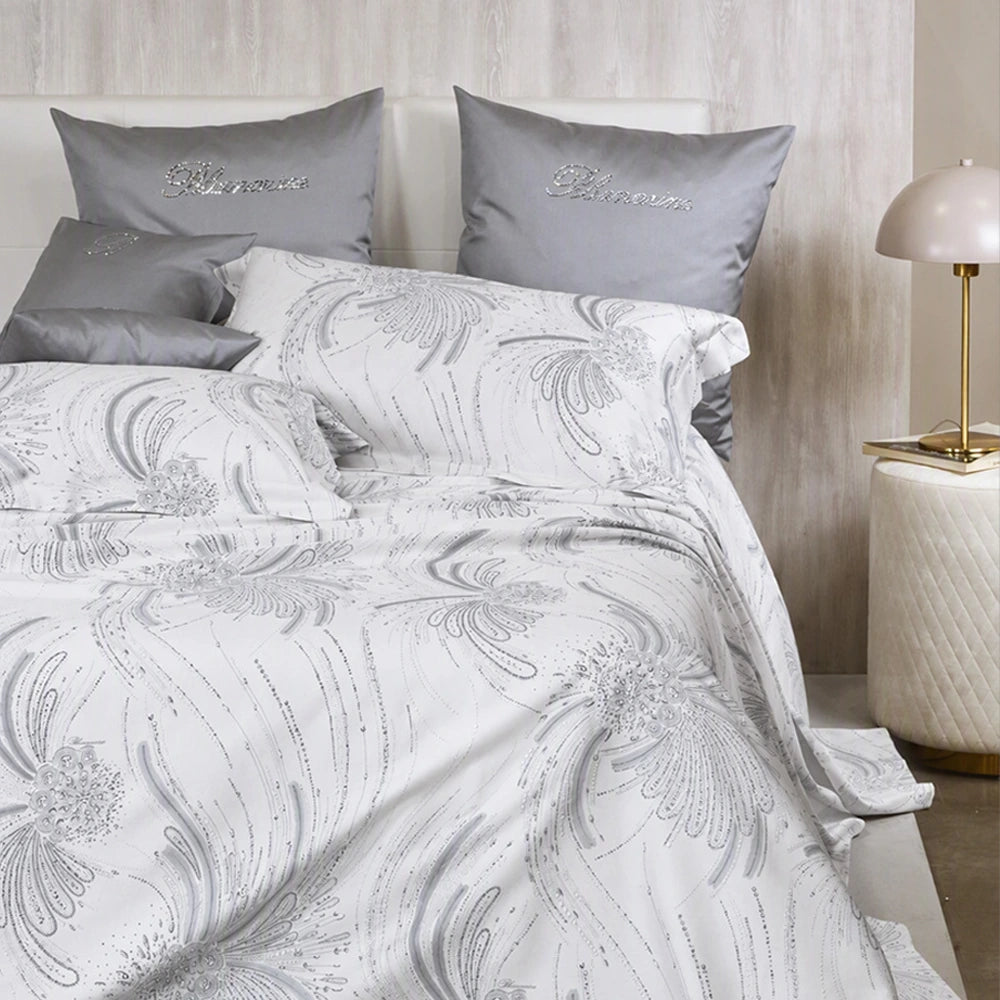 Completo lenzuola copriletto Blumarine BELLE EPOQUE in raso di puro cotone 300 TC - Bianco