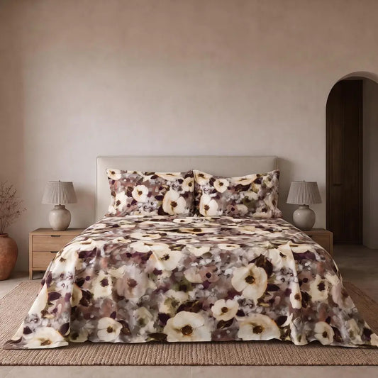 Completo lenzuola copriletto EIRA in percalle di cotone Beige – vista completa del letto