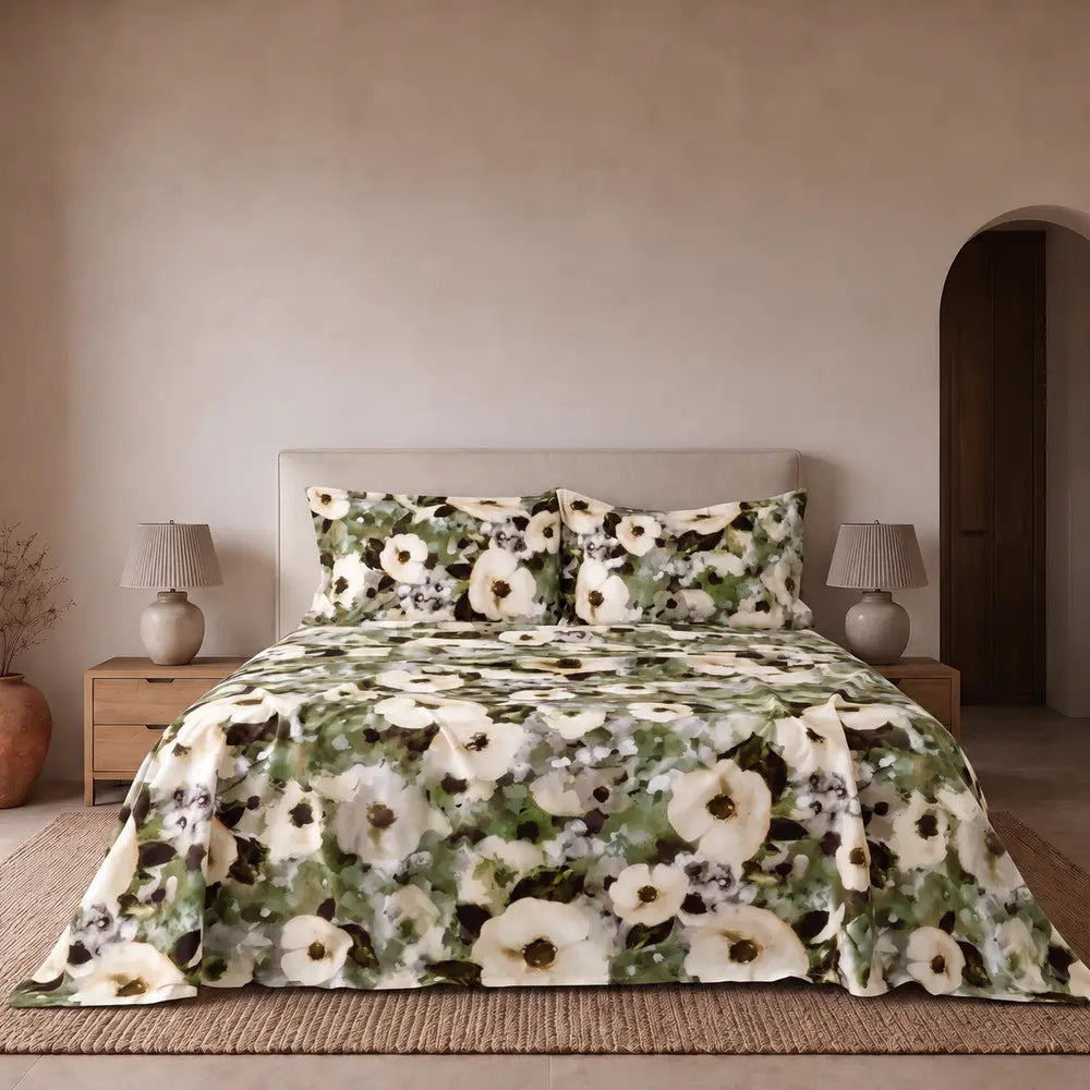 Completo lenzuola copriletto EIRA in percalle di cotone Verde – vista completa del letto