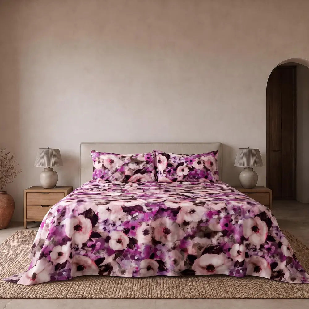 Completo lenzuola copriletto EIRA in percalle di cotone Viola – vista completa del letto