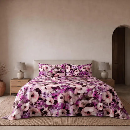 Completo lenzuola copriletto EIRA in percalle di cotone Viola – vista completa del letto