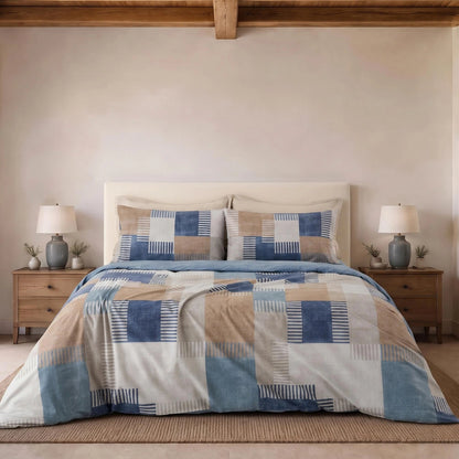 Parure copripiumino PARKER in puro cotone, Blu Indaco – vista completa del letto