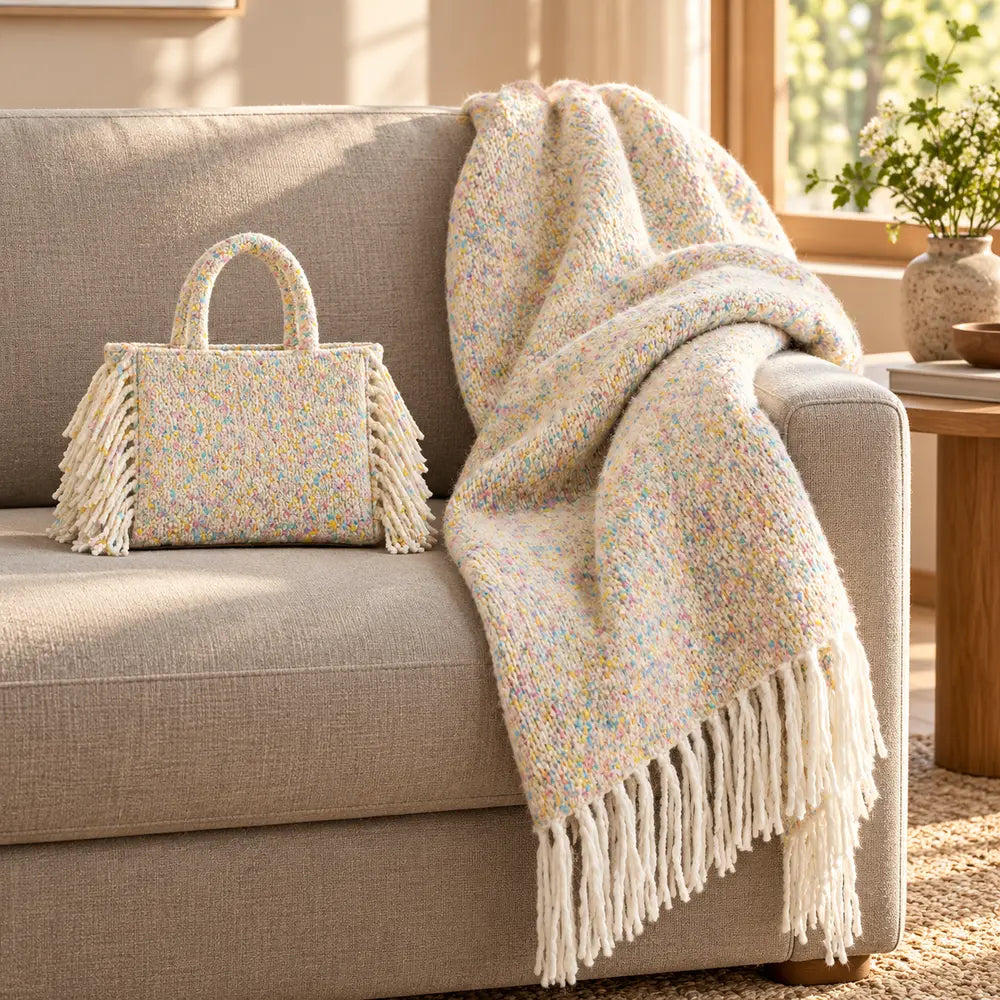 Plaid TWID 130 × 160 cm con borsa coordinata e frange